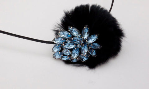 Blue Crystal Jeweled Headband with Rabbit Fur