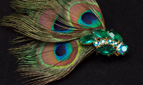 Rhinestone French Barrette with Peacock Feathers